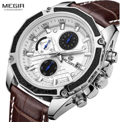 MEGIR quartz male watches Genuine Leather watches racing men Students game Run Chronograph Watch male glow hands for Man 2015G