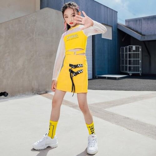 Summer Girls Dance Clothes Cheerleader Jazz Dance Costume Cropped Skirt Yellow Outfit Stage Performance Hip Hop Clothing BL6334
