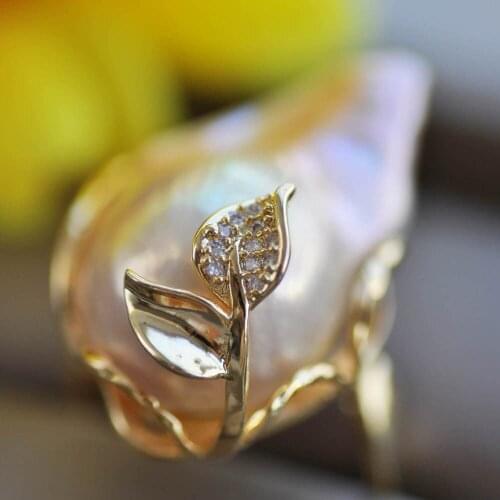 MTC·STAR Z10375 26mm Pink Baroque Keshi Pearl Leaf gold-plating CZ Ring