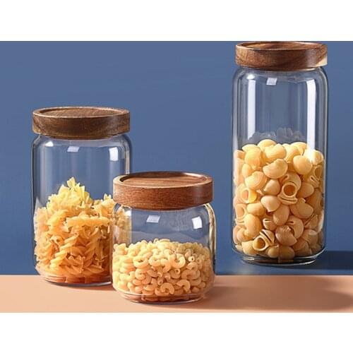 Set of 3 Glass and Acacia Solid Food Container Bento Coffee Beans Storage Box Kitchen Items Lunch Tea Herbs Oatmeal Organizer