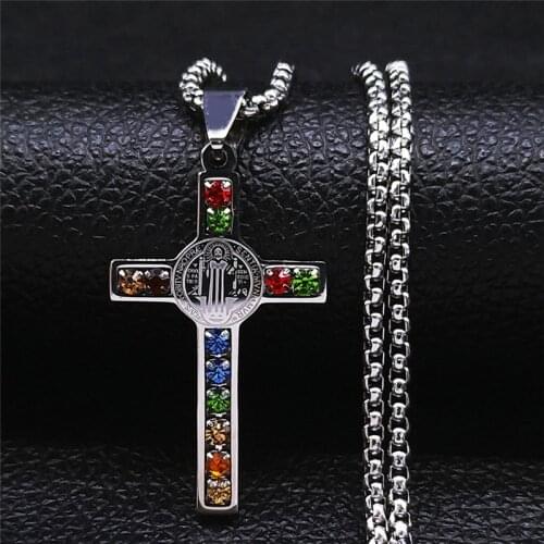 Stainless Steel Mix Crystal Chain Necklaces Women/Men Silver Color Catholic Jesus Cross Necklaces Jewelry pendentifs N4907S05