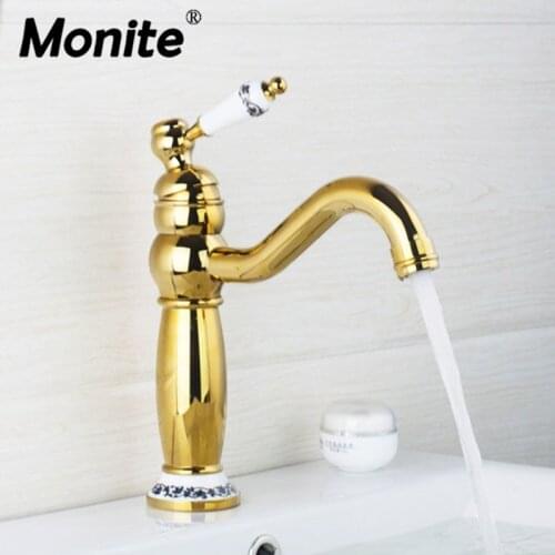 Monite Bathroom Faucet Polished Golden Swivel 360 Deck Mounted Single Handle Sink Torneira Cozinha Faucet Mixers &Taps
