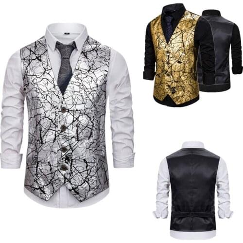 New Men Steampunk Gold Crack Printed Mens Vest Casual Gilet Costume