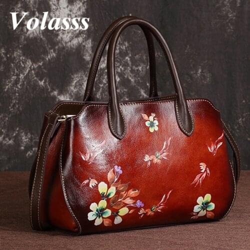 Volasss Genuine Leather Women Shoulder Messenger Bags Luxury Designer Handbag High Quality Embossed Floral Bag Female Handbags