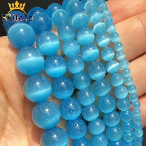 Light Blue Cat Eye Stone Round Beads Natural Opal Round Loose Spacer Beads For Jewelry Making DIY Bracelet 15'' 4 6 8 10 12mm