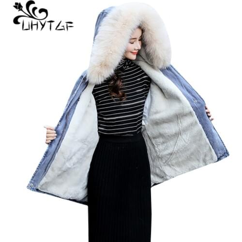 UHYTGF Parker womens Winter denim Cotton coat Fur collar hooded plus velvet warm winter jeans jacket Loose plus size jacket 980
