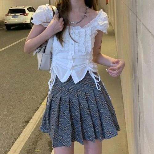 HOUZHOU Vintage Kawaii Pleated Mini Skirts Women Cute High Waisted A-line Plaid Skirt Korean Fashion School Girl Summer Harajuku