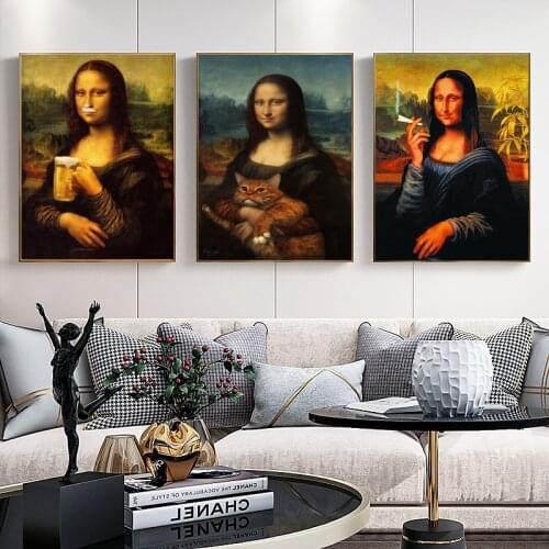 Funny Mona Lisa Drink and Smoking Posters Wall Art Canvas Print Pictures Da Vinci Famous Paintings for Home Living Room Decor