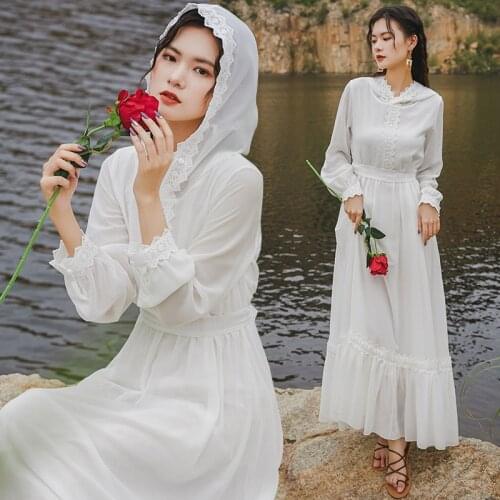 Women White Maxi Long Sleeve Dress, Spring Summer Hooded Chiffon Elegant Vintage Fairy Beach Vacation Runway Vestidos Female