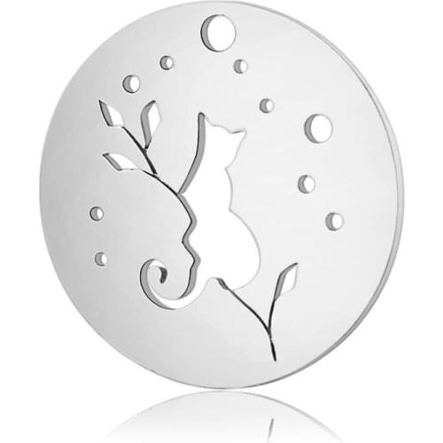 10pcs 316L Stainless Steel Double Side Polished Round Dis Coin Hollow Out Lovely Cat Charm Pendant DIY Jewelry Making Crafts