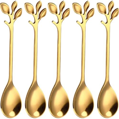 5pcs Stainless Steel Spoon Leaf Shape Handle Dessert Coffee Tea Spoon Kitchen Accessories