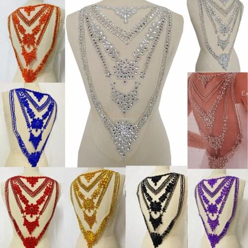 Handmade 7 colour sew on rhinestones applique on white mesh handsewing trim patches for dress accessory