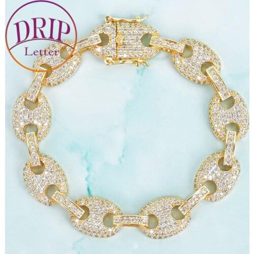 12MM Mens Cuban Link Chain Bracelet Hip Hop Gold Color Iced Cubic Zircon Chain Jewelry Copper Material