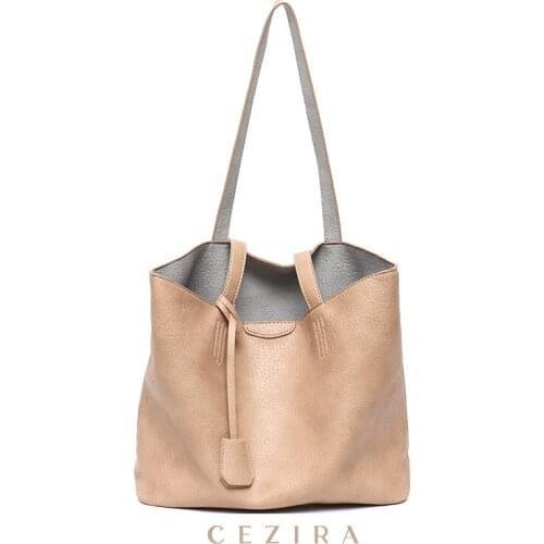 CEZIRA High Quality PU Leather Women Shoulder Bag Solid Color Large Soft Classic Tote Handbag Female Daily Simple Shopping Purse