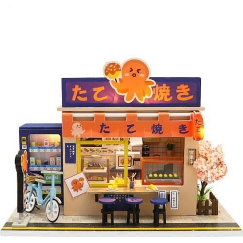 Japanese style DIY house Octopus Cooking store house Creative wooden food shop model hand assembled toy gift