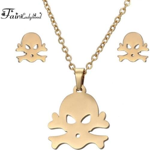 Fairladyhood 2017 New Stainless Steel Skull Clavicle Necklace Earrings Jewelry Set
