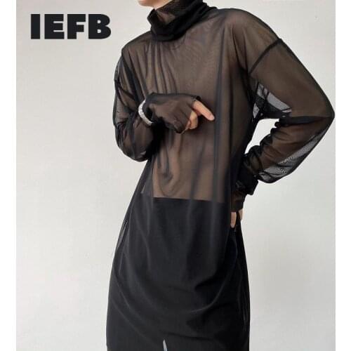 IEFB Mens Sexy See Through Mesh Long Sleeve T-shirt Niche 2021 Summer New Stand Collar Basic Inner Wear Black Long Tops 9Y8129