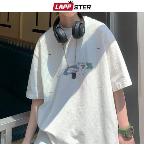 LAPPSTER Men Vintage Printed Korean T Shirts 2021 Summer Mens Streetwear Cotton Harajuku White T-Shirts Male Loose Casual Tees