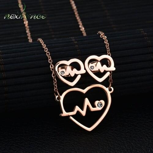 Nextvance Hollow Heart Pendant Necklace Earring Set Rose Gold Rhinestone Heartbeat I Love You Jewelry Set Collier Femme