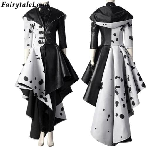 Halloween 2021 Cruella Costume Cosplay Evil Queen Black White Coat Evening Party Dress Fashion Emma Magic Performance Oufit