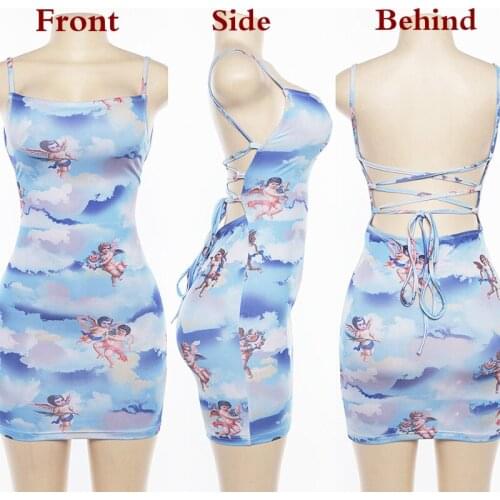 Summer Women Fashion Sleeveless Casual Spaghetti Strap Slash Neck Mini Dress Angel Print Bandage Dress Elegant Short Party Dress