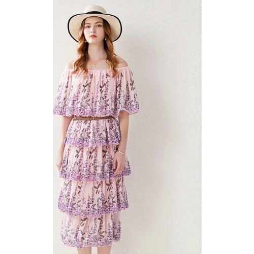Menahem Summer Bohemian Vacation Floral Dress Womens Off Shoulder Flower Print Layer Cascading Ruffles Belt Loose Maxi Vestidos