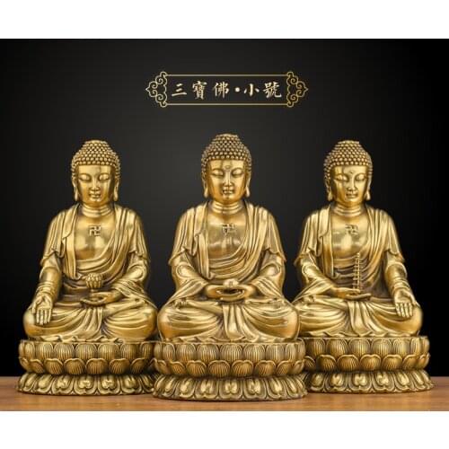 A Set 3p Southeast Asia Buddhism SAN BAO FO HOME efficacious Protection Sakyamuni Amitabha Medicine Buddha brass statue
