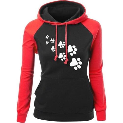 2021 New Women Hoodies Sweatshirts Cat Paws Printed Harajuku Hooded Pullovers Long Sleeve Fleece Winter Patchwork Tracksuits