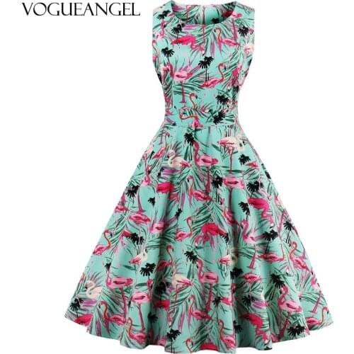 New Plus Size Swan Flamingo Print Vintage Dress Women Pin Up Robe Rockabilly A-line Party Dresses Feminino Tunic Vestidos