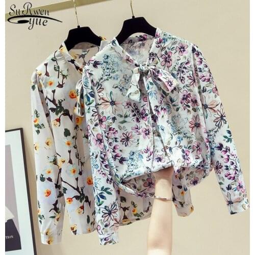 Autumn Vintage Gentle Shirt Floral Long Sleeve Korean Elegant Printed Chiffon Blouse Casual Lace Up BottomShirt Cardigan 11154