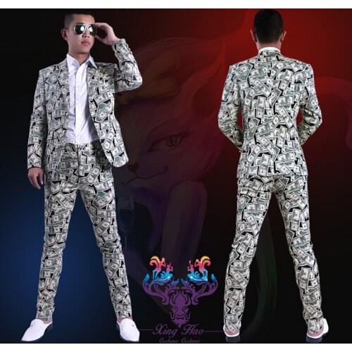 S-6xl ! New 2020 Men Fashion Slim Dollar Printing Suit Set Singer Costumes Clothing Plus Size Formal Dress