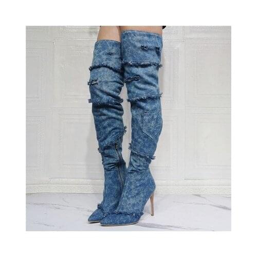 Over The Knee Winter Warm Boots Women Thin High Heel Botas Mujer Platform Denim Boot Strap Jean Shoes Woman Plus Size 47