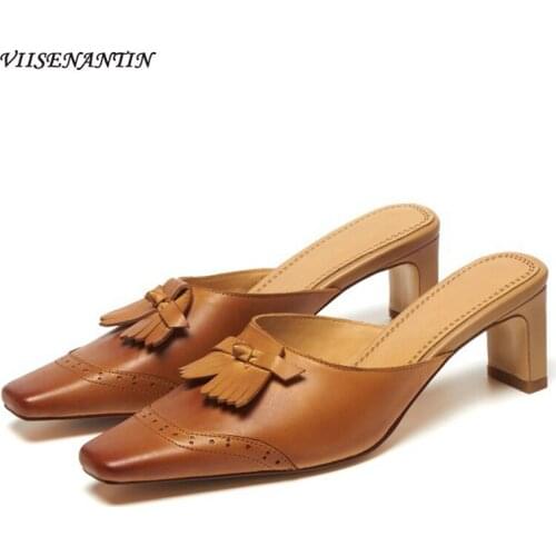 Fashion Retro Square Toe Flat with Tassel Polished Old Baotou High-heeled Sandals and Slippers Summer New Cowhide Hollow Mules