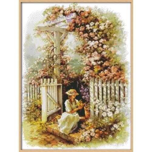 Garden Girl Counted Cross Stitch Patterns Kits Printed Fabric Embroidery Needlework Sets 14CT 42x53CM Home Decorations Paintings