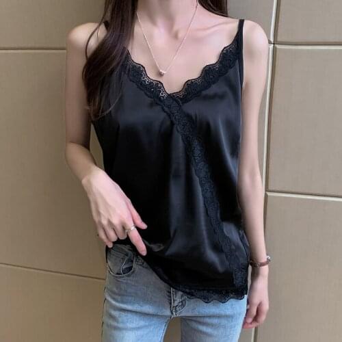 WWENN Summer Silk Tank Top Women Sexy V Neck Basic Tops Blusas Casual Womens Vest Lace Camisole Crop Tops Plus Size Female Shirt