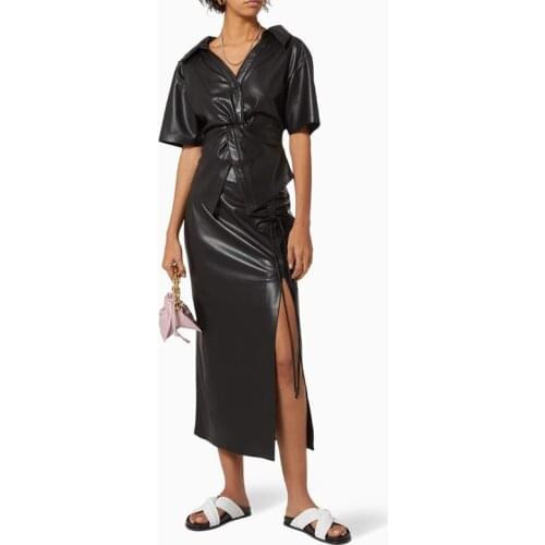 Women Hight Waist Drawstring Split Bodycon PU Leather Skirt temperament