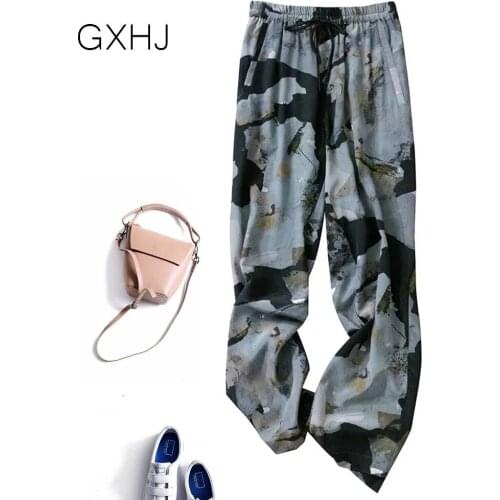 Women Summer retro ink rendering chiffon wide-leg pants womens new high-waisted thin loose casual trousers LHj239