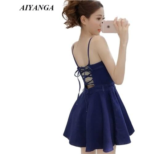 Sexy Denim Dress Women 2019 Spring Summer Spaghetti Strap Dresses Sleeveless Off Shoulder Back Lack Up Mini A-Line Dresses Lady