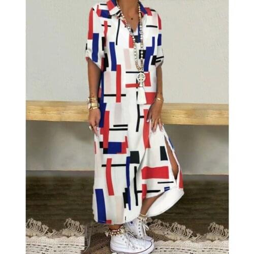 Elegant Print Buttoned Slit Shirt Dress For Women Summer Lapel Neck Casual Loose Long Sleeve Beach Maxi Dresses Vestidos Midi