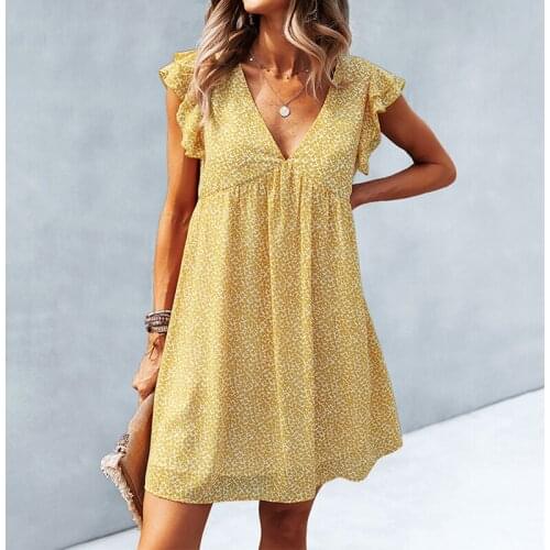 Boho High Waist Floral Printed Women Dress Elegant V-neck Flying Sleeve Summer Chiffon Dress Female Casual Loose Beach Dresses