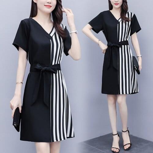 Womens Stripe Plus Size L-5XL Dress XXL XXXL 3XL XXXXL 4XL XXXXXL Office Ladies Work V-Neck Blouses Blusas Dress For 100KG Woman