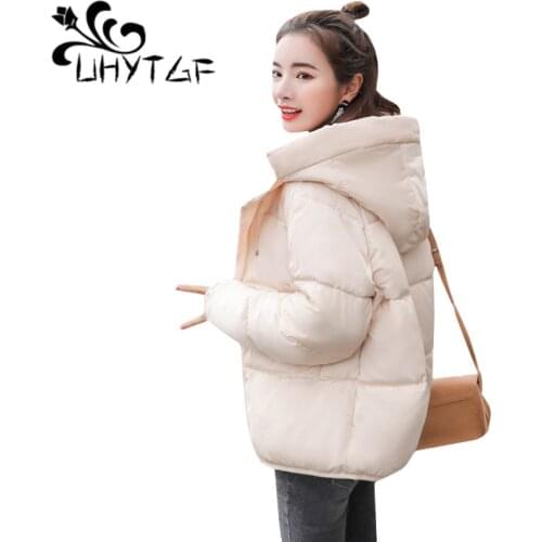 UHYTGF Winter Jacket casual pocket hooded coat parka Women zipper padded streetwear parkas warm Short Coat overcoat female 145