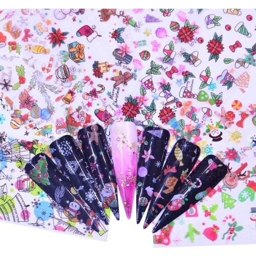 YZWLE 10PCS Christmas Decorations for Nails Mix Colorful Transfer Nail Foil Sticker Snow Flower Elk Gift Santa Adhesive Paper
