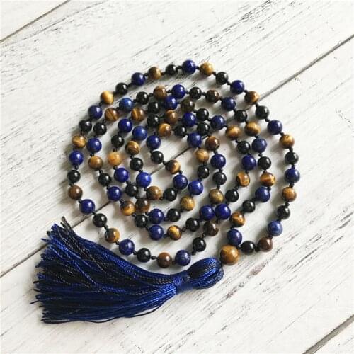 108 Mala Beads Necklace Tiger Eye & Lapis Lazuli & Black tourmaline Knotted Tassel Necklace Meditation Jewelry Sweater Necklaces