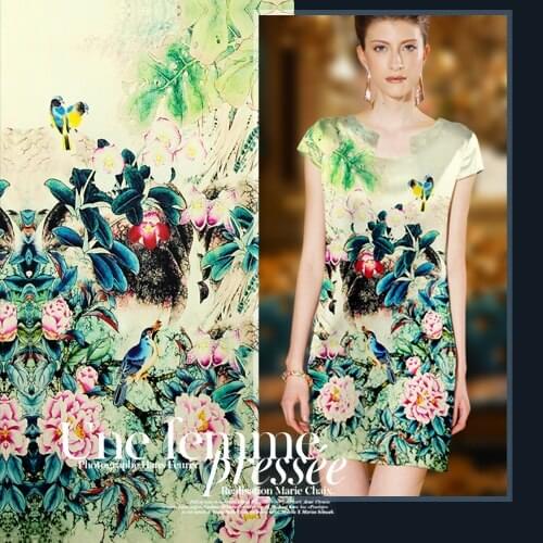 115*108cm 94% silk & 6% spandex pink flower blue plant digital print yellow mulberry silk elastic fabric material