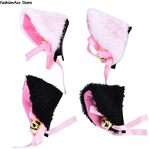 2Pcs/Lot White Black Cat Ears With Bell Hair Clip Cosplay Party Fox Long Fur Costume Hair Clip Halloween Gift Hair Accessory