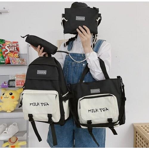 4 Pcs Sets Cute Backpack Canvas School Bags For Teenage Girls Backpack Women College Student Fashion Book Badge Shoulder Bag
