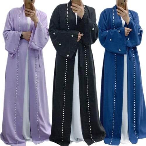 Abaya Muslim Women Arabic Open Kimono Beads Middle East Maxi Robe Solid Color Islamic Clothing Turkish Dubai Caftan Cardigan New