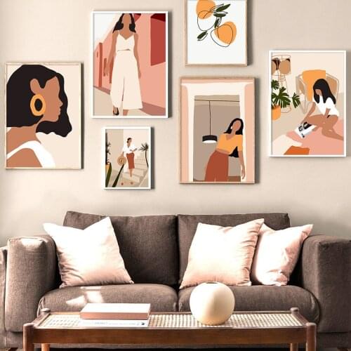 Abstract Girl Monstera Leaf Boho Vintage Nordic Posters And Prints Wall Art Canvas Painting Wall Pictures For Living Room Decor