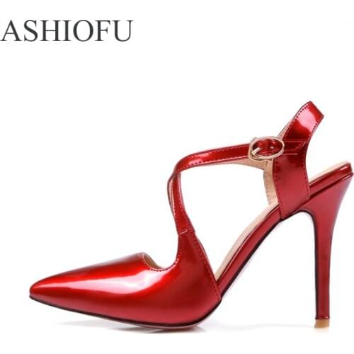 ASHIOFU Handmade Ladies 10cm High Heel Pumps Cross-buckle Strap Party Prom Dress Shoes Large Size Sexy Fashion Club Court Shoes